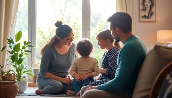 Family at home with a garden view, symbolizing climate resilience.
