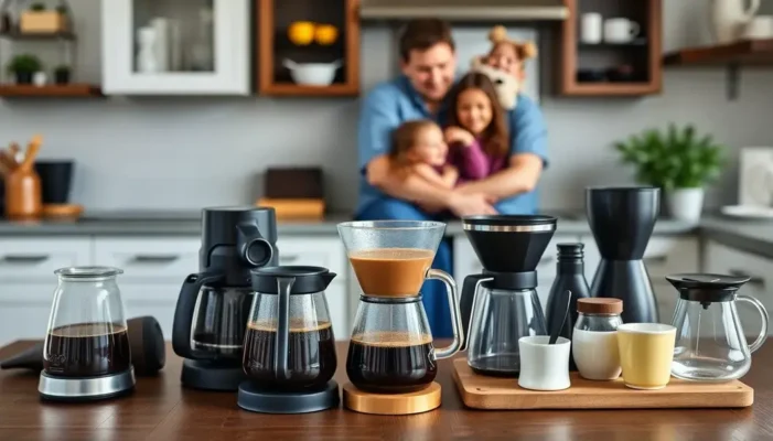 Various coffee brewing tools on a kitchen table with a family photo in the background.