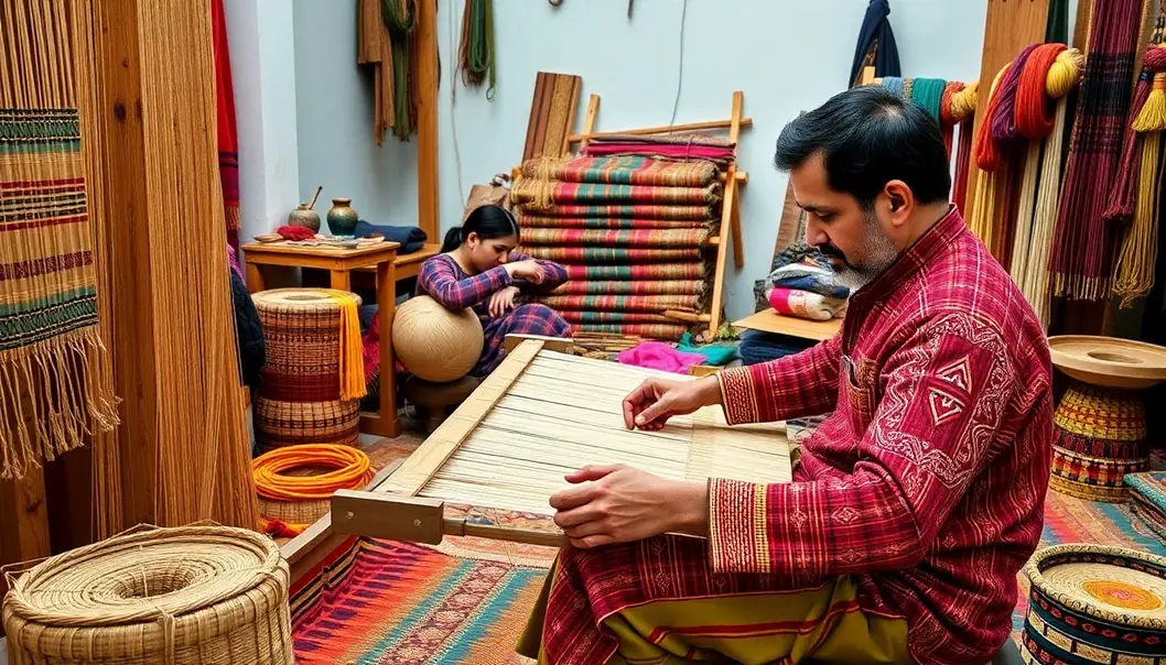A craftsman weaving traditional patterns in a modern atelier.