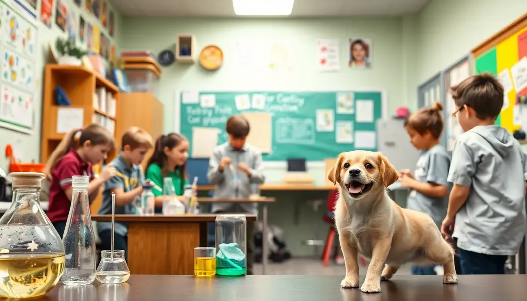 A cozy room that encourages learning and exploration for both pets and students.