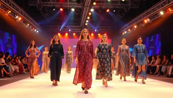 Models on a runway in traditional and digitally designed outfits.