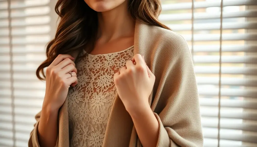 A petite woman embraces romantic silhouettes in flowing attire, perfect for intimate moments.