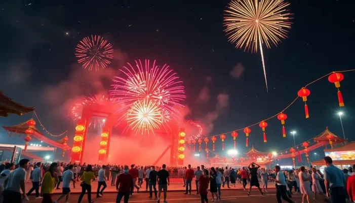 A stunning festival scene combining Lunar New Year and sports elements at night.