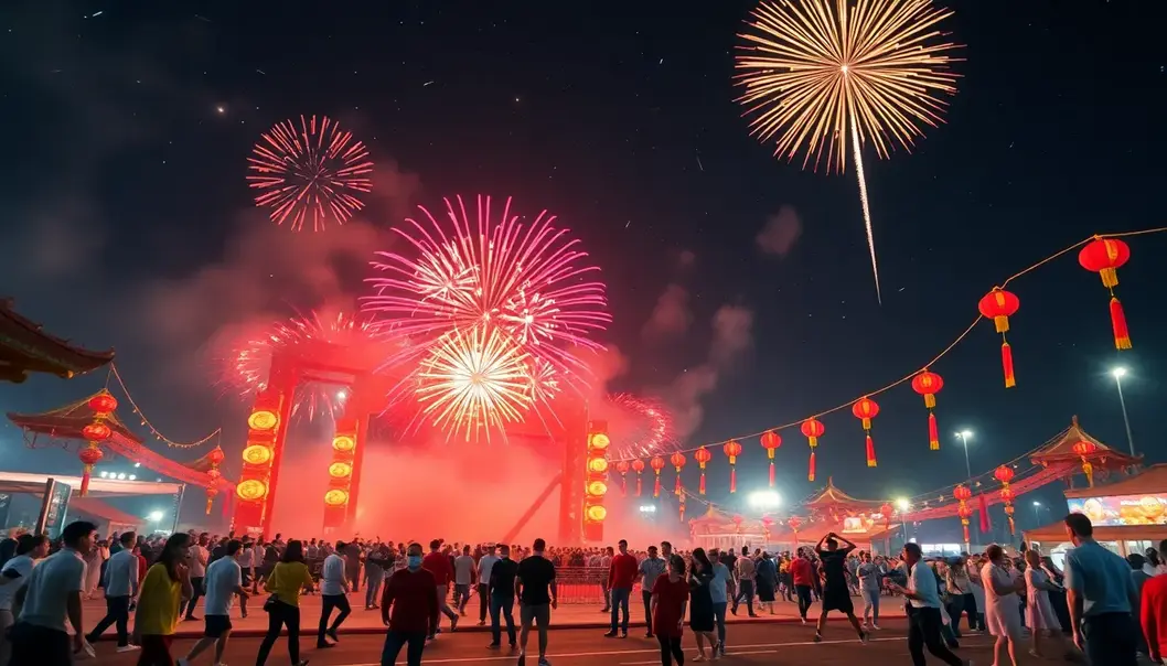 A stunning festival scene combining Lunar New Year and sports elements at night.