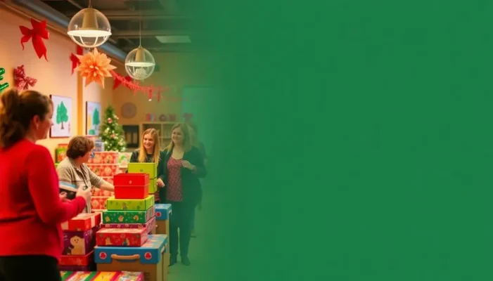 Petite women hosting a lively and colorful toy donation drive.