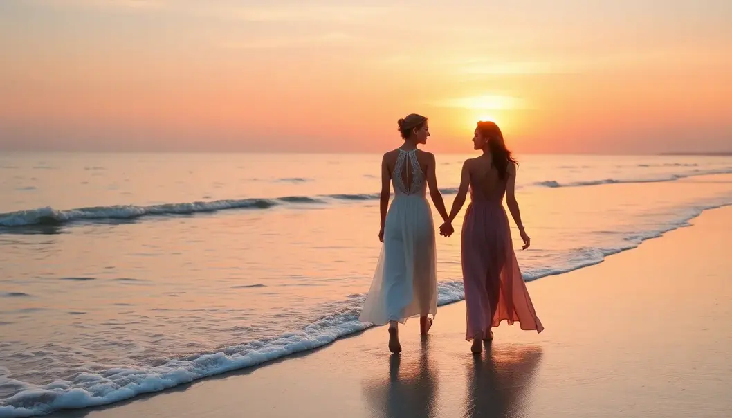 A petite woman and her partner walking by the beach at sunset, showcasing romantic styling for newlyweds.