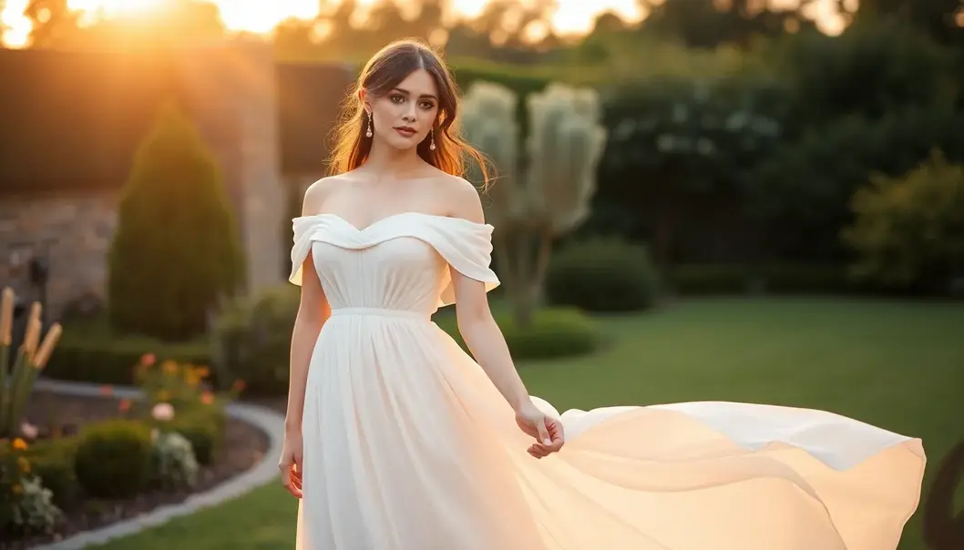 A petite woman embraces romantic silhouettes in flowing attire, perfect for intimate moments.