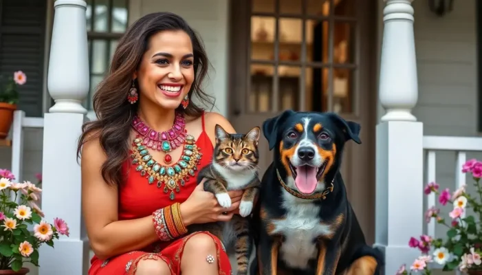 Woman with colorful jewelry surrounded by a cat and dog on a porch with flowers.