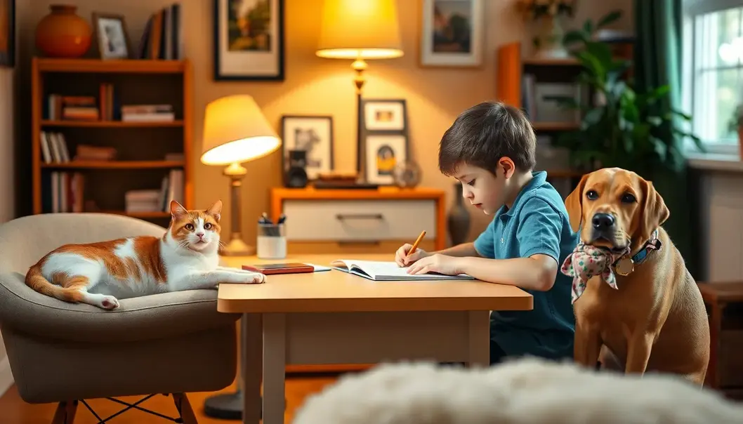 A cozy room that encourages learning and exploration for both pets and students.