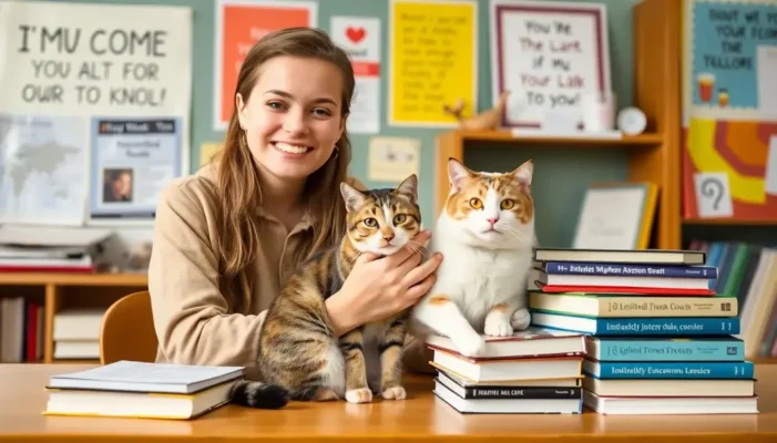 A high school student petting a cat next to books.