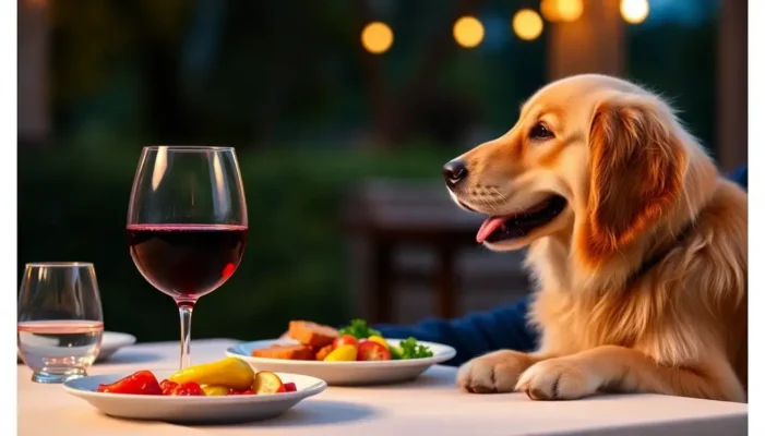 A dinner scene with a person, their pet dog, and a glass of wine.